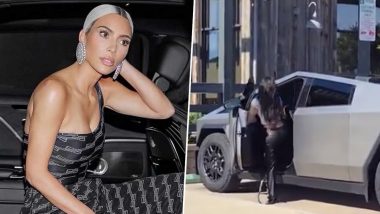 Kim Kardashian Shows Off Her Flashy New Tesla Cybertruck As She Exits From Starbucks in Malibu (Watch Video)